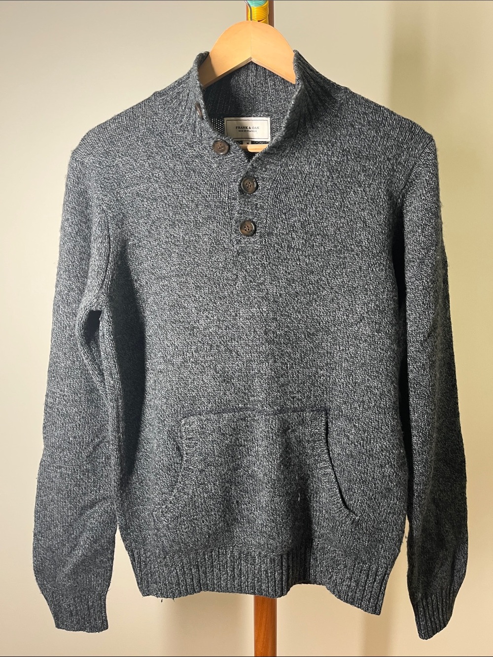 Frank & Oak Men's Charcoal Button-Neck Zip-Up Look Sweater